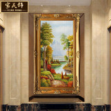 欧式现代玄关装饰画竖版手绘山水风景油画聚宝盆挂画走廊过道壁画