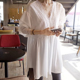 韩国东大门代购夏装白色蕾丝v领中长款雪纺娃娃衬衫女宽松上衣
