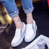 韩版新款双侧拉链真皮平底透气小白鞋坡跟内增高休闲学生女单鞋潮