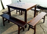 定制实木餐桌椅组合 饭店餐厅桌椅 碳化木方桌长凳板凳 复古桌椅