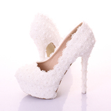 甜美白色花朵新娘鞋超高跟防水台礼服鞋细跟浅口宴会鞋红色女单鞋