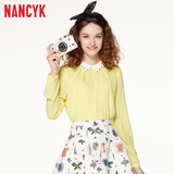 Nancyk2016春装新品显瘦简约时尚雪纺拼色长袖娃娃领衬衫女