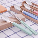 创意不锈钢筷子勺子套装 可爱便携餐具三件套 学生儿童旅行筷子盒