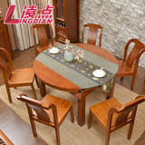 中式火烧石餐桌椅组合6人 大理石全实木橡木伸缩折叠圆桌现代餐厅