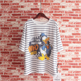 韩国 夏2016新款 韩版纯棉卡通做旧唐老鸭条纹宽松大码短袖T恤女