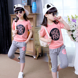 女童新款儿童运动套装韩版女孩圆领t恤七分裤中大童休闲两件套夏