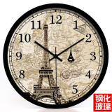 包邮复古地图欧式钟表法国巴黎埃菲尔铁塔客厅钟表钢化玻璃挂钟