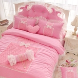 韩版全棉四件套粉色公主风蕾丝花边婚庆床单床裙床上用品纯棉床品