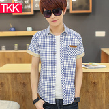 夏季薄款短袖衬衫男士青少年衣服潮修身休闲格子衬衣学生韩版寸衫