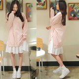 2016春装新款韩版女装长袖大码宽松中长款纯棉假两件套卫衣连衣裙