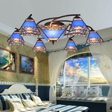 清爽地中海创意蓝色客厅多头吸顶灯带遥控LED艺术方形灯罩大堂灯