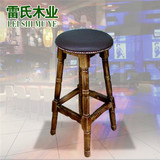 厂价 实木酒吧椅高脚凳子碳化色火烧木质吧台椅加高吧凳Pu皮凳子