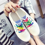 夏季韩版低帮平底鞋网孔透气小白鞋女学生休闲白色板鞋软底彩虹鞋