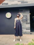 【小喵】韩国进口代购！藏青色胸前蕾丝镂空吊带连衣裙现货