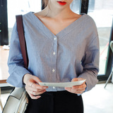 2016春夏新款  韩版小性感露锁骨双V领细条纹衬衫