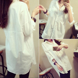 2015秋季新品宽松显瘦白色中长款长袖衬衫韩版棉质打底衬衣女学生