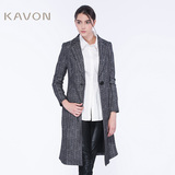 Kavon/卡汶2015秋冬简约九分袖宽松风衣西装领中长款外套女士