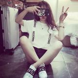 2016夏新款短袖韩版原宿风字母上衣立体装饰背带T恤女学生学院风