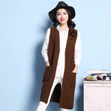 2016春季新款针织马甲女韩版纯色开衫中长款显瘦双口袋针织马甲女