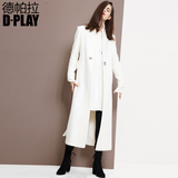 D－PLAY2016秋冬新款欧美白色小立领羊毛大衣修身过膝长款厚外套