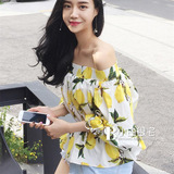 2016夏装新款女装 韩国代购松紧一字领喇叭袖荷叶摆花色衬衫上衣