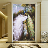 欧式壁画玄关走廊过道背景墙整张装饰画壁纸3d立体竖版油画孔雀