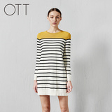 OTT原创设计 2016春秋新品 圆领条纹中长款连衣裙 TT57W4A09