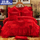 婚庆四件套大红色结婚韩式公主蕾丝六八件套提花新婚被套床上用品