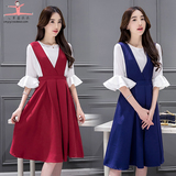 2016新款春装两件套韩版雪纺上衣背带裙V领宽松休闲时尚套装女