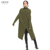 ZENE2015秋季新品羊绒衫女纯羊绒长款落肩袖毛衣开叉复古套头衫