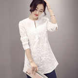 2016夏季新品白色衬衫女韩范长袖中长款修身欧根纱拼接上衣女装
