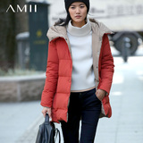 Amii冬季中长款连帽大码直筒外套白鸭绒单排扣轻薄长袖女羽绒服