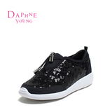 Daphne达芙妮2016年春季新品款系带亮片深口布鞋运动女休闲鞋黑色