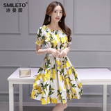 诗曼图2016夏季新款韩版修身一字领短袖松紧腰时尚柠檬印花连衣裙