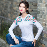 女装秋装中国民族风文艺范小立领绣花长袖T恤女 修身复古中式上衣
