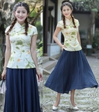 民族服装女装中式-春秋夏季演出茶艺短袖唐装套装上衣 GC071绿色