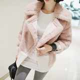 韩国专柜代购2015冬季新款女装韩版翻领羊羔毛呢拼接短款毛呢外套