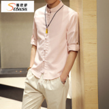 2016中国风盘扣男人七分袖薄款上衣复古棉麻中式衬衣立领亚麻衬衫