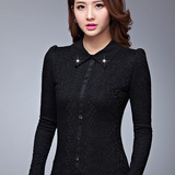 2015秋冬新款长袖蕾丝打底衫女装韩版衣服加绒加厚长款气质上衣