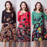 实拍 2016初春装新款韩版大码民族风女装印花中长款连衣裙