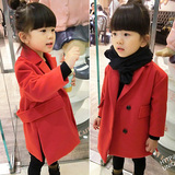 韩版童装2015秋冬儿童双排扣大红西装毛呢大衣女童夹棉保暖外套