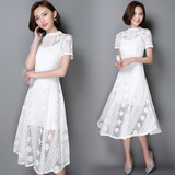 2016夏季新款韩版时尚女装中长款修身中腰短袖高领蕾丝镂空连衣裙