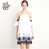 Haoduoyi2016夏季新款 性感镂空蕾丝裙 白色绣花分离袖拼接连衣裙