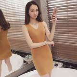韩版夏季新款女装纯色套头v领中长款无袖修身针织背心毛衣打底衫