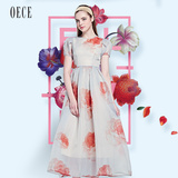 OECE 2016夏装新款女装 浪漫印花欧根纱高腰连衣裙夏女气质长裙