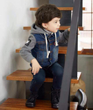 【现货】韩国ANIKA秋冬男童儿童夹薄棉牛仔拼接连帽帅气外套