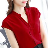 红色雪纺衫短袖韩版 2016夏季新款女装上衣 短款显瘦v领百搭小衫