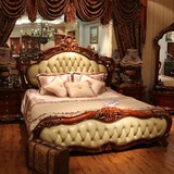 欧式真皮床 美式实木雕刻床1.8米2米大床婚床 别墅高档卧室双人床
