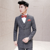 韩版修身中长款新郎西装奢华面料男士西服套装三件套1616/F310
