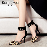 KumiKiwa2016欧美新款豹纹凉鞋时尚羊皮磨砂马毛尖头铆钉细高跟鞋